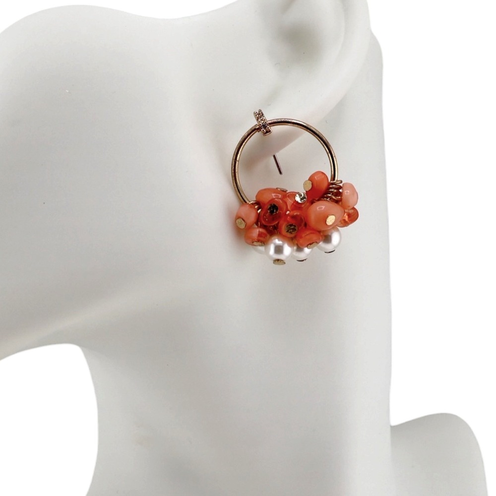 Talbots Coral Pearl Cluster Hoop Earrings Gold Tone Coastal Preppy Summer NWT